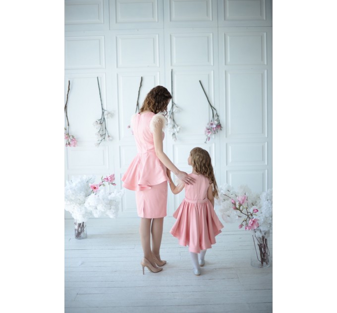Mommy and Me Dress with Feathers - Mother and Daughter - Custom-made Dress Birthday Peach