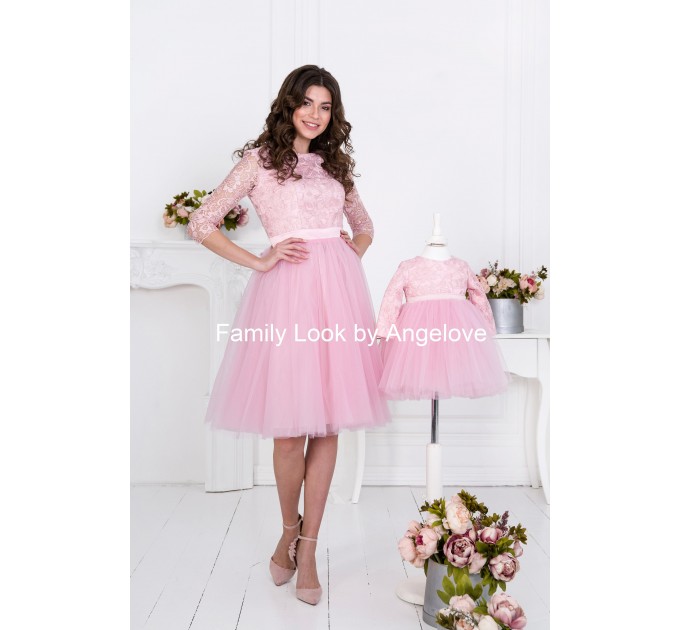 Mommy and Me Matching Dress Outfit  - Pink Lace - Mother Daughter - Babygirl - Long Sleeve  -  Special Occasion Dress